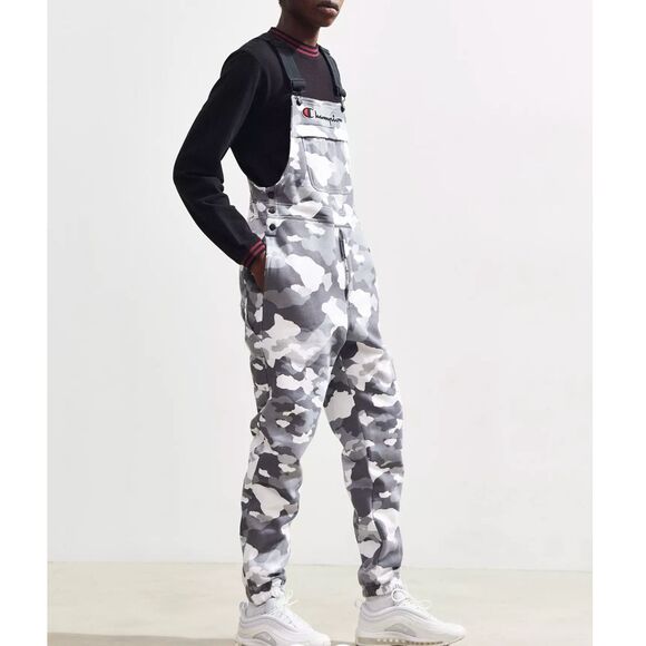 Urban Outfitters Champion Grey Camouflage Super Fleece Bib Overalls Size XS - Picture 5 of 11